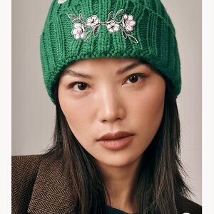 Anthropologie Emerald Knit Hat with Floral Detail